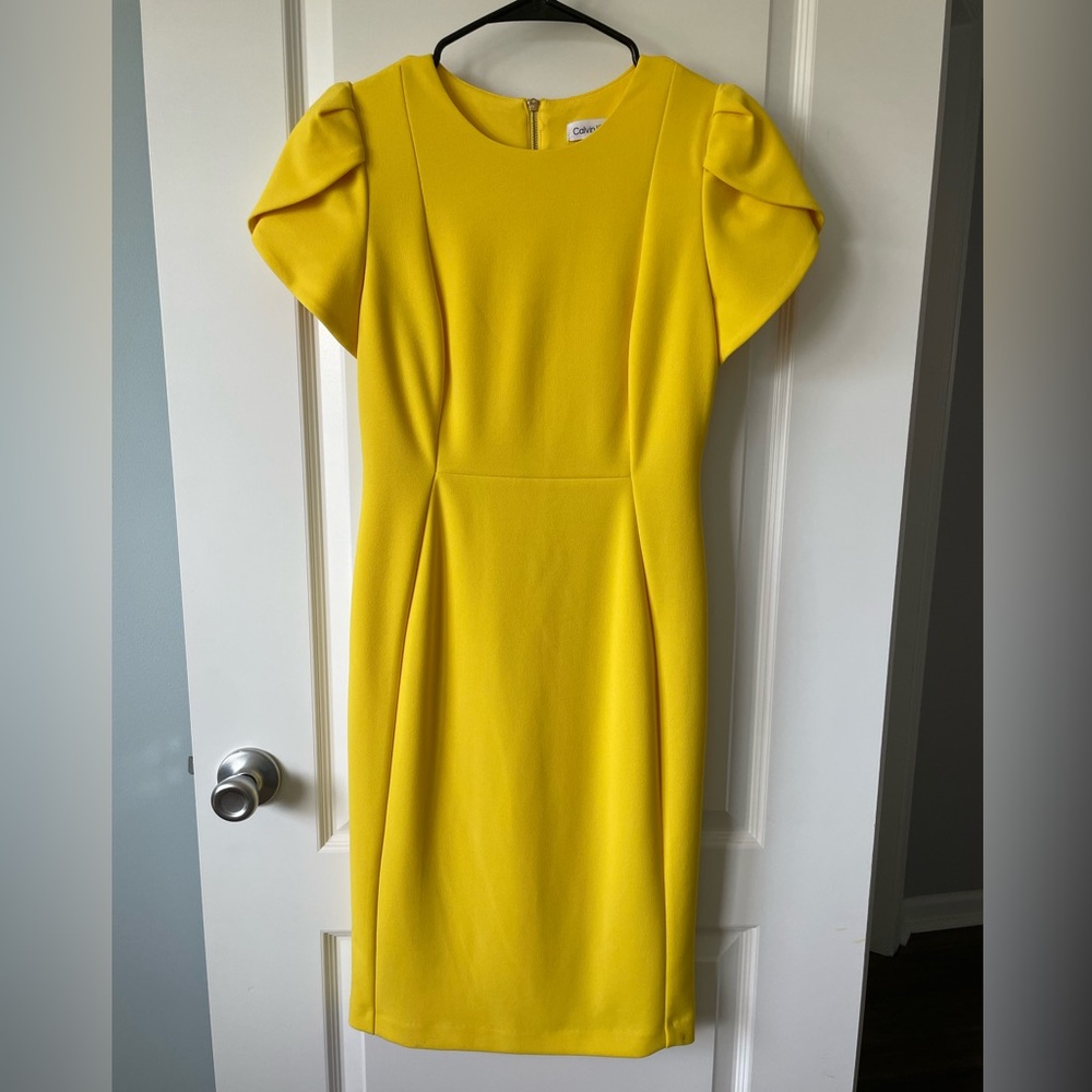 Yellow Calvin Klein tulip sleeve dress